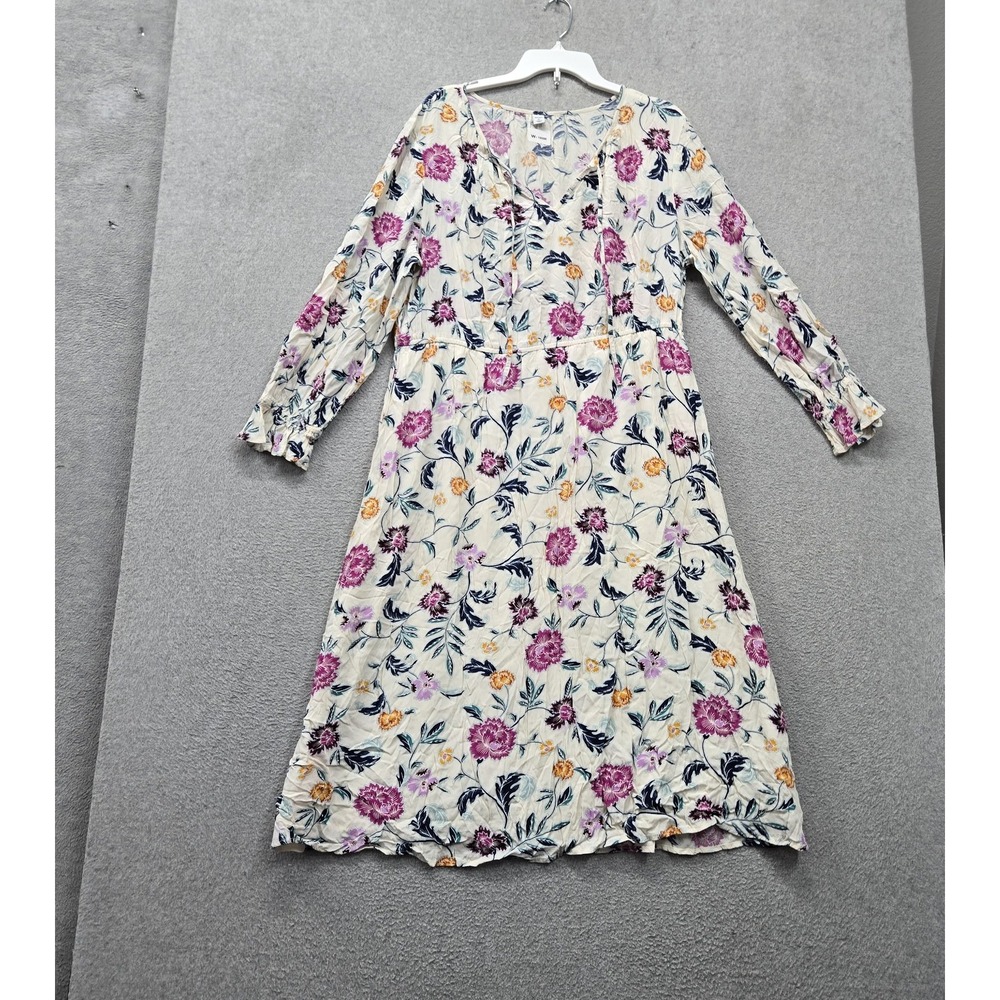 Old Navy Women Dress XL Cream Floral Midi A Line Cottagecore Boho Balloon Sleeve